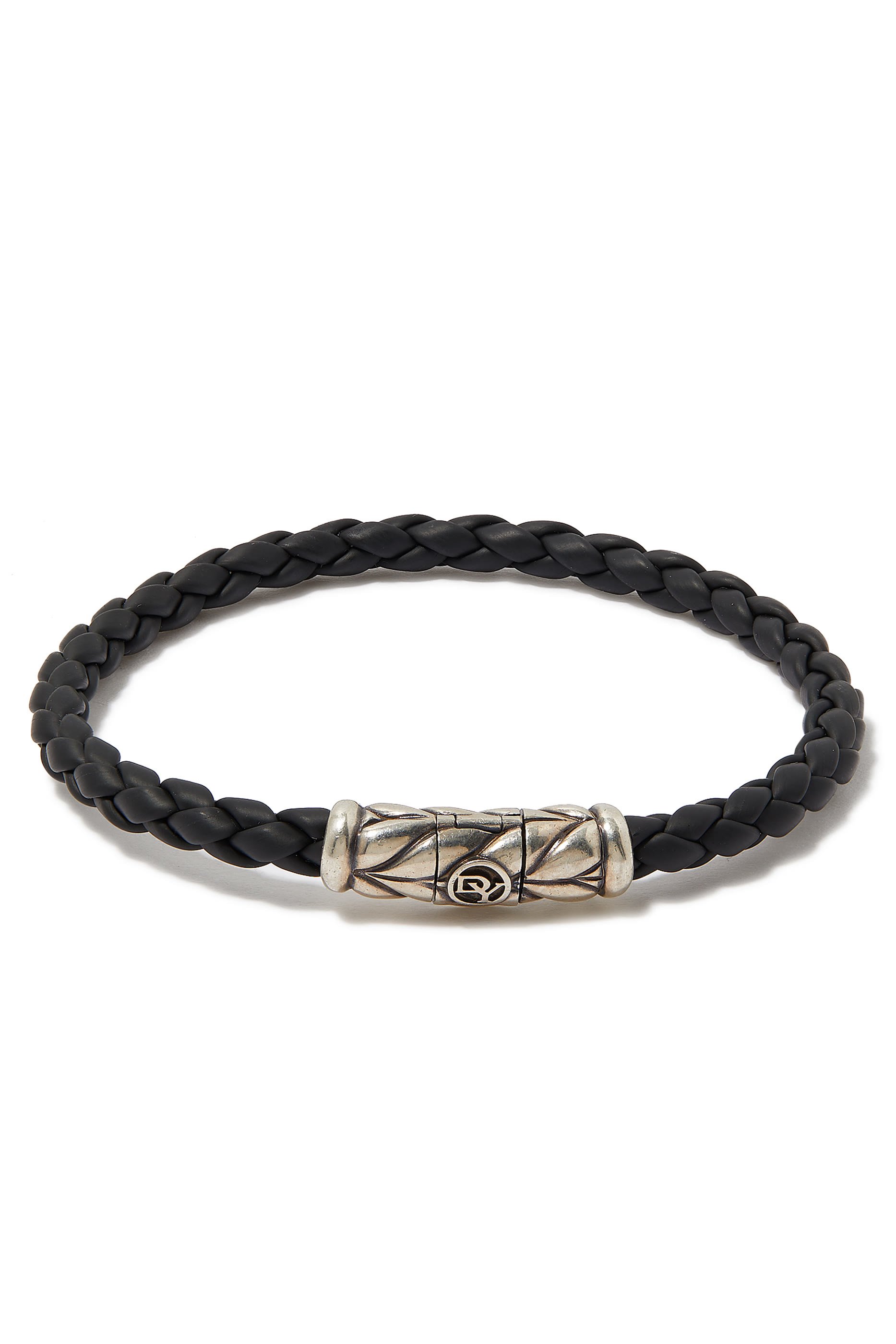 Chevron Woven Bracelet, Sterling Silver & Black Rubber