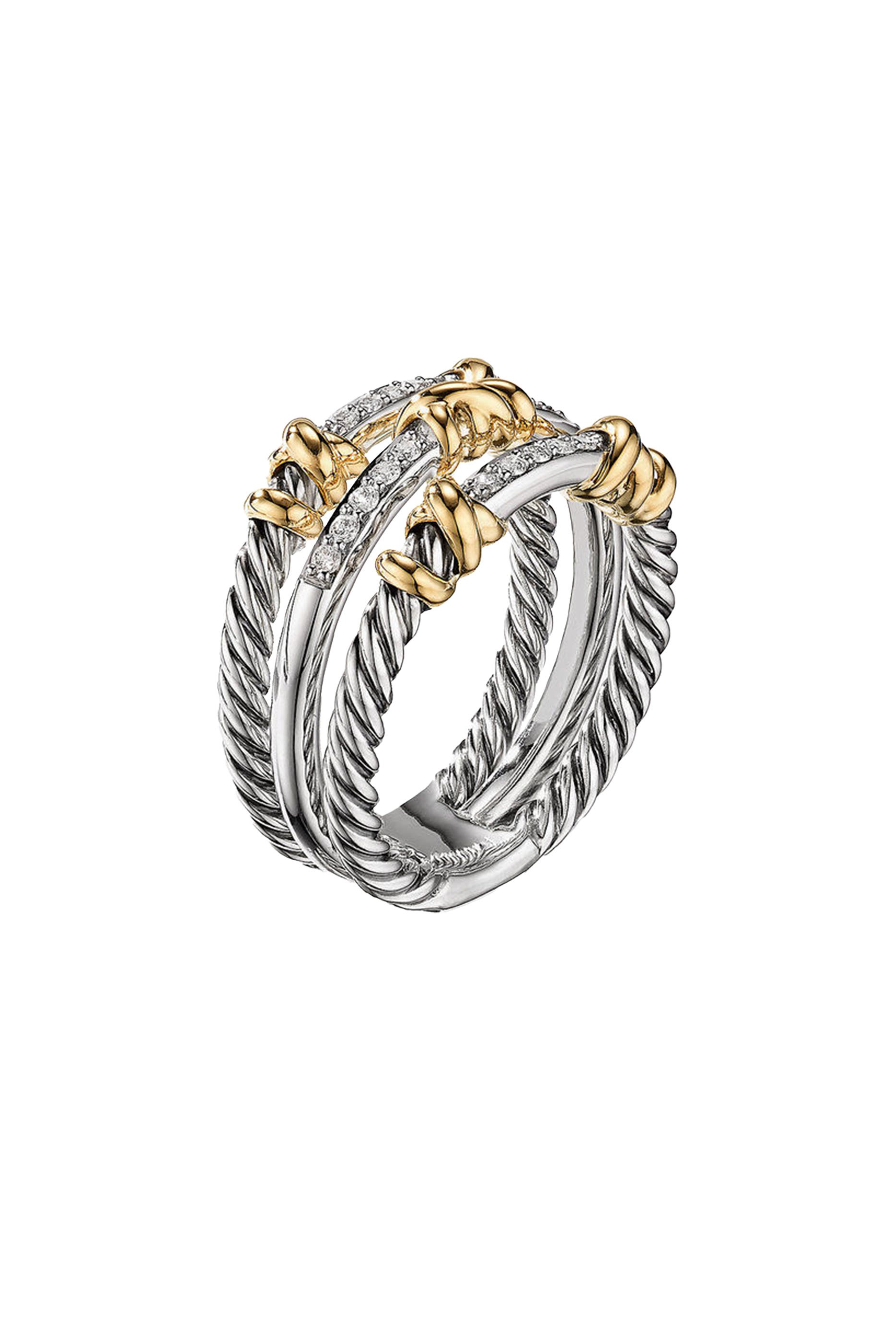 Petite Helena Wrap Three Row Ring, Sterling Silver, 18K Yellow Gold & Diamonds