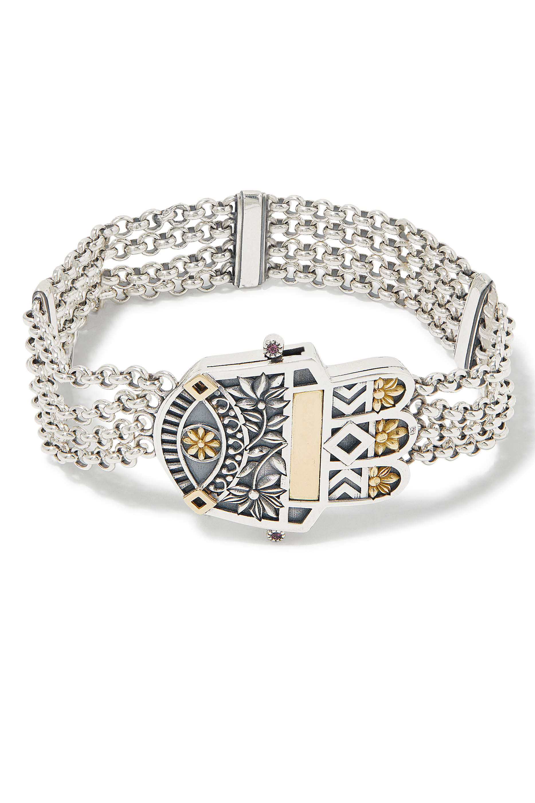 Rumuz Mamluk Kaf Multi-Chain Bracelet, 18k Yellow Gold, Sterling Silver & Rhodolite