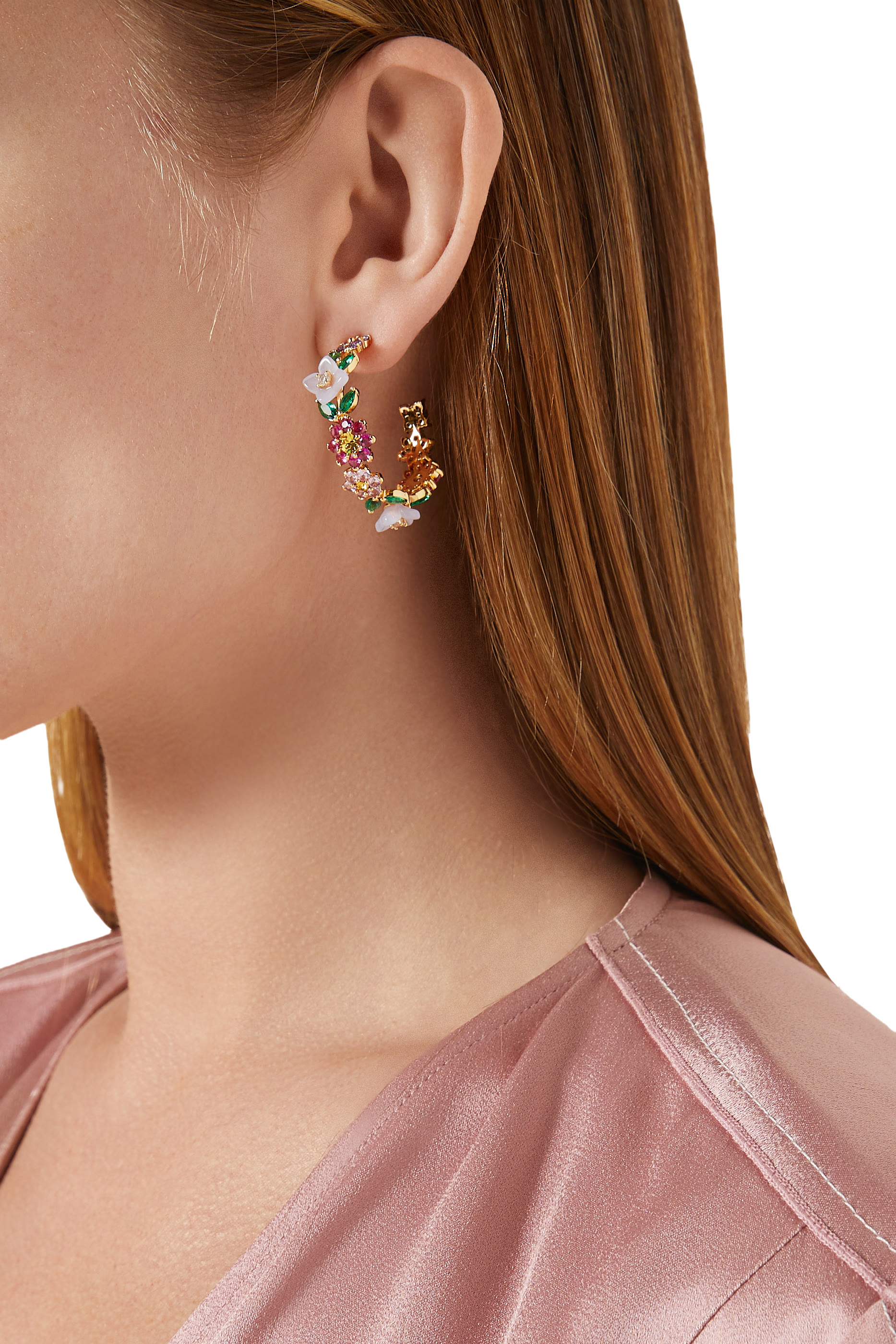 Bursting Blooms Hoops, Brass, Titanium Posts & Cubic Zirconia, Czech Glass Stone, Resin