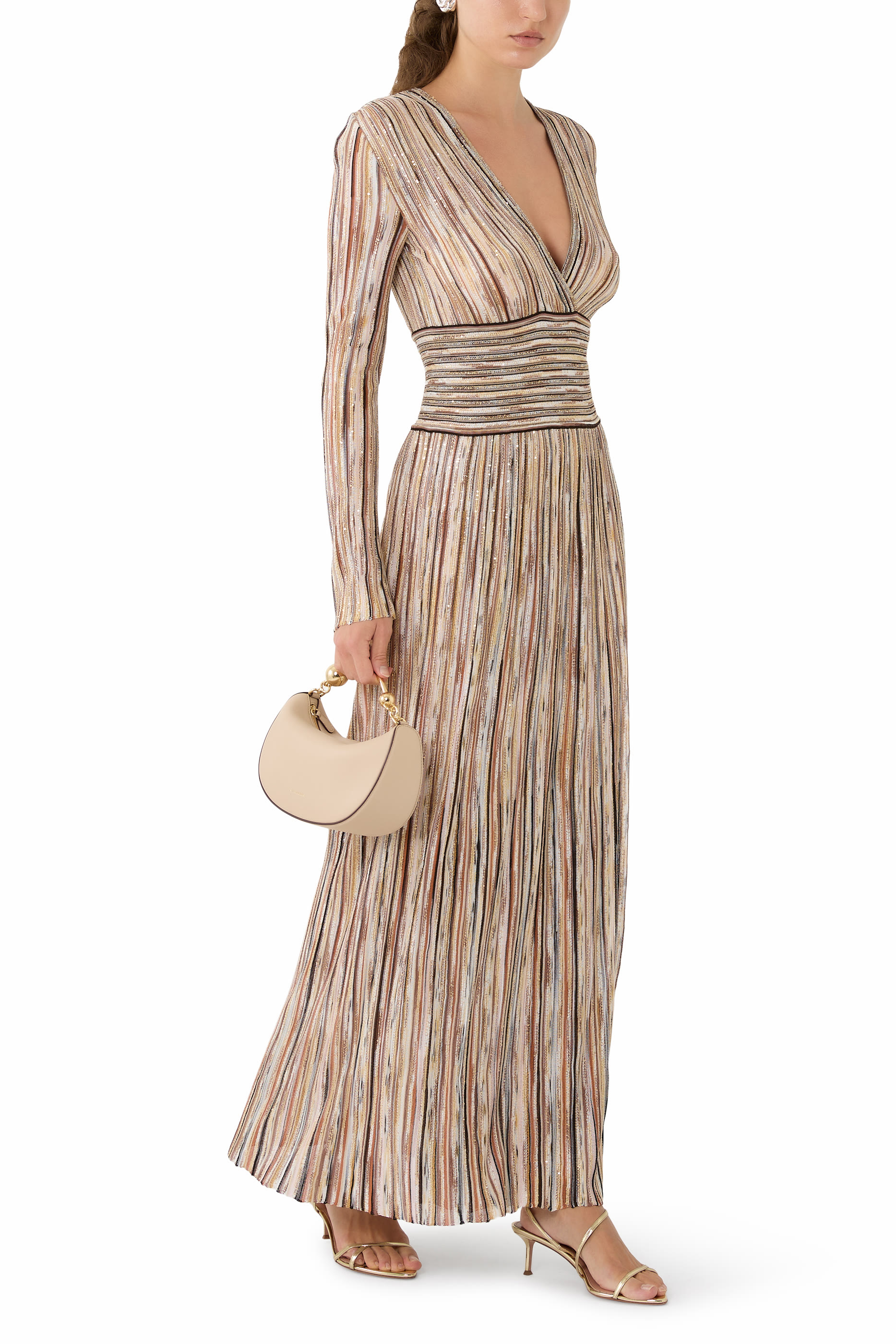 Partialized Knit Lurex Belted Long Dress