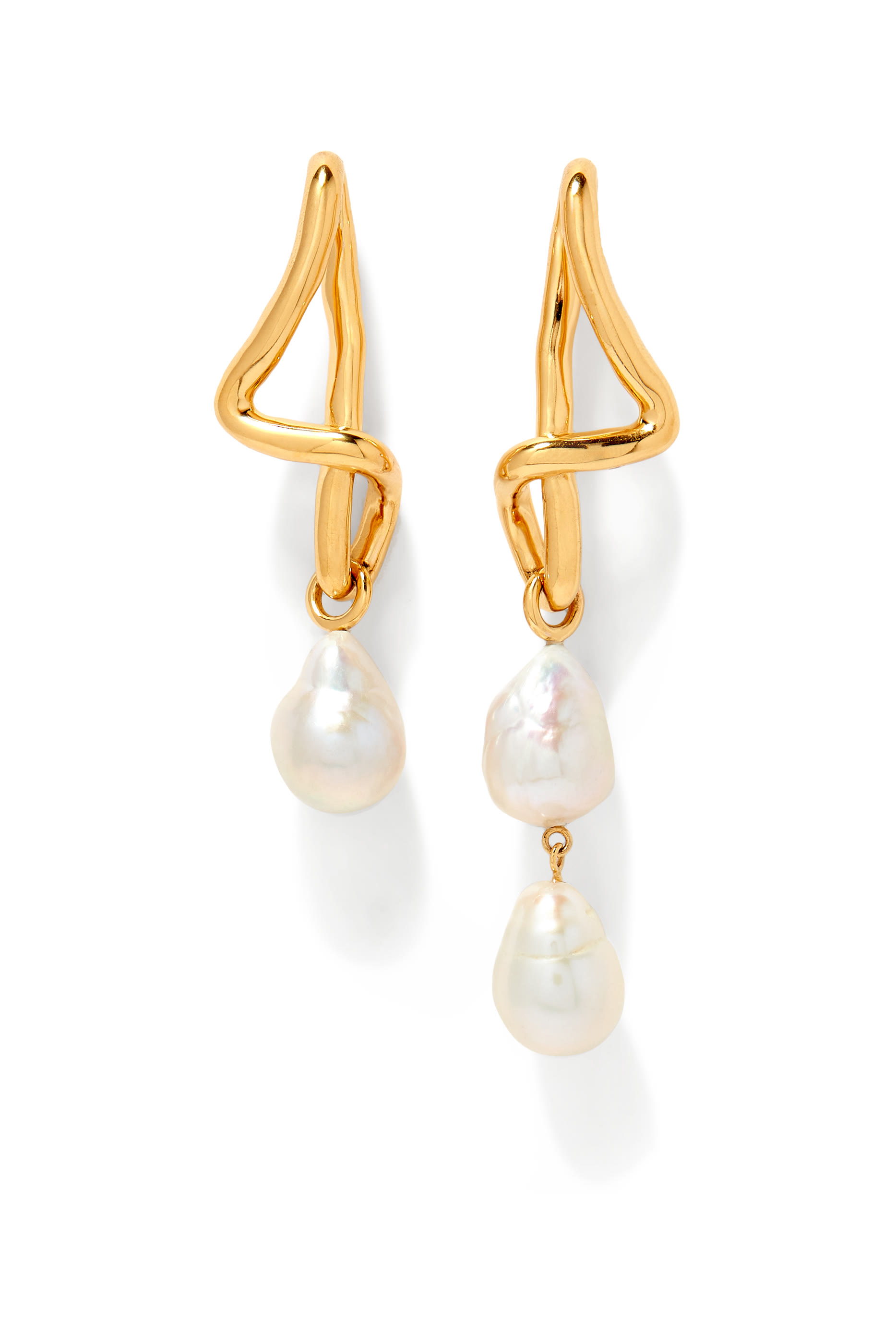 Molten Baroque Pearl Mismatch Drop Earrings, 18ct Recycled Gold Plated on Brass